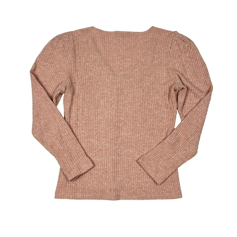 J. Crew Pink Soft Ribbed Knit Long Puff Sleeve V-Neck Top